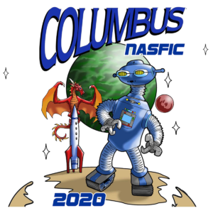 Columbus NASFiC logo, featuring a robot staring at a dragon on a rocket with colorful planets in the background