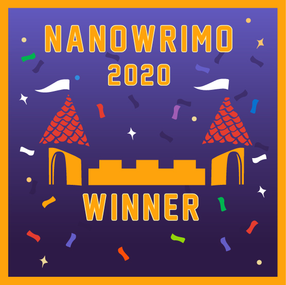 NaNoWriMo 2020 Winner's badge featuring a castle on a purple background surrounded by confetti