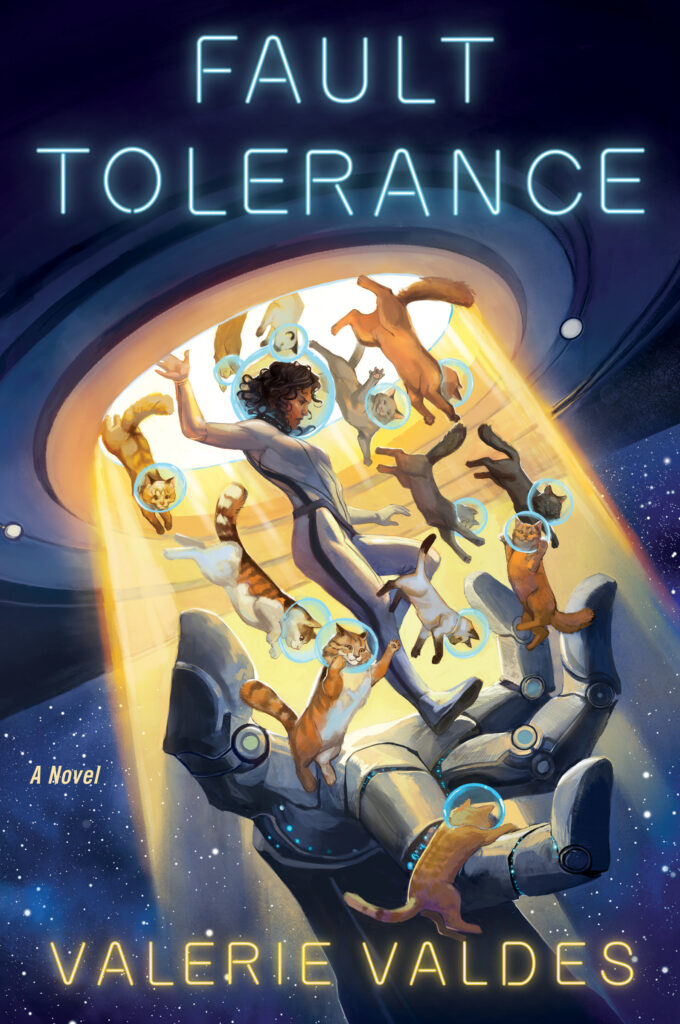 Cover of Fault Tolerance, featuring Eva Innocente falling out of a spaceship surrounded by cats as a giant robot hand reaches for them