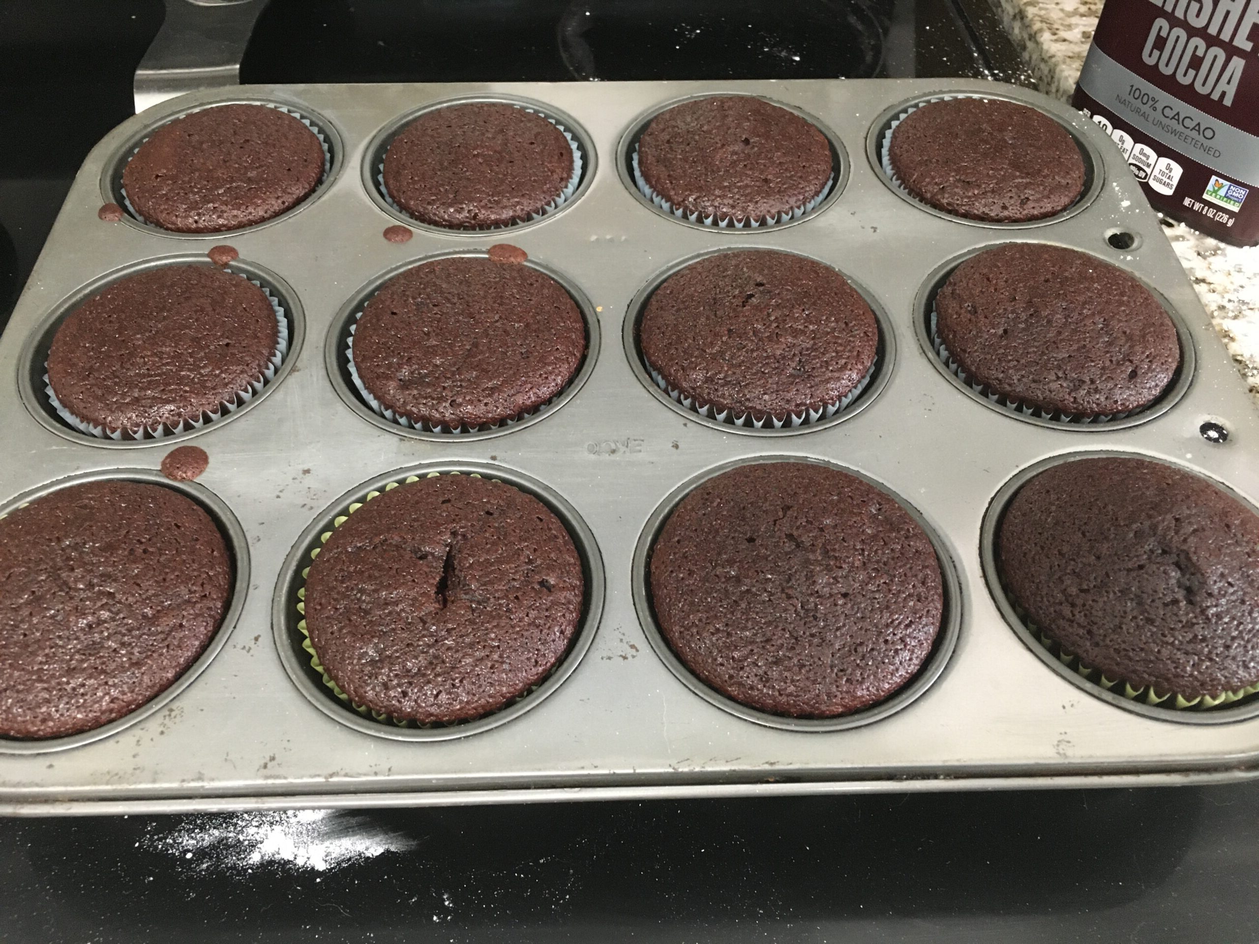 A dozen chocolate cupcakes still in the cupcake pan