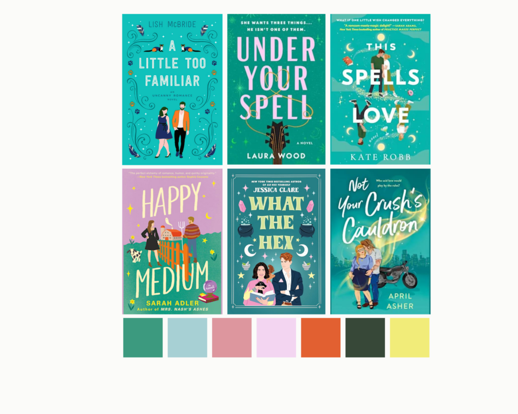 The covers of six romance novels with similar teal, pink and yellow color schemes