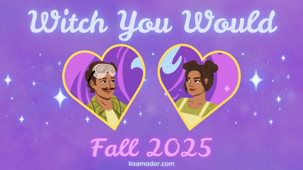 Close ups of Gil and Penelope inside heart-shaped containers on a purple background with blue stars, text: Witch You Would, Fall 2025, liaamador.com