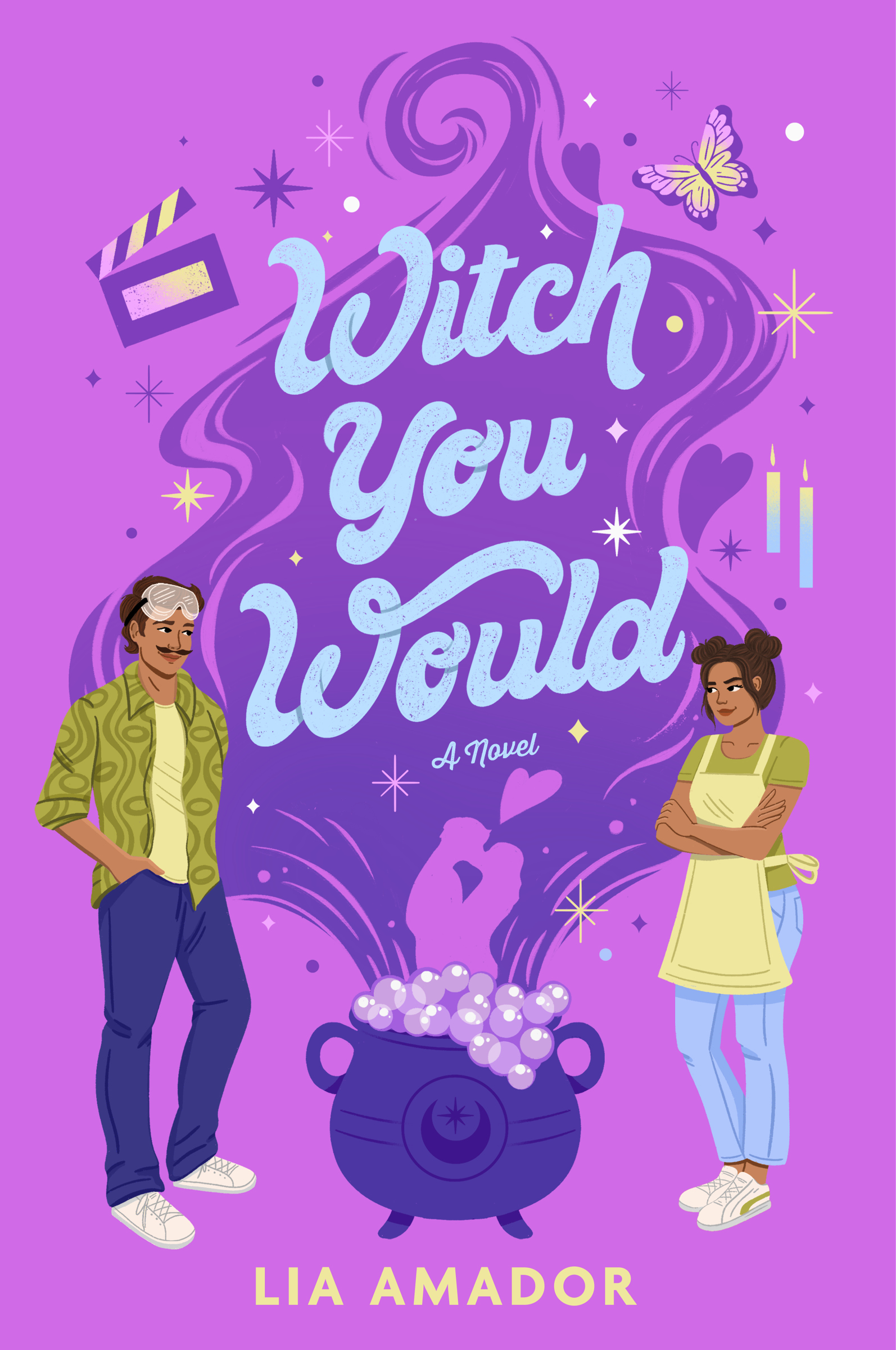 Cover for Witch You Would, Gil and Penelope stand on opposite sides of a bubbling cauldron billowing smoke with the outline of a heart-shaped couple smooching inside, floating around it are a film slate and butterfly and a pair of candles