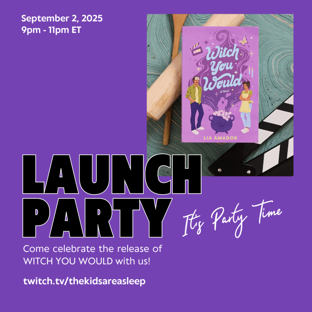 Photo of Witch You Would flanked by a wooden spoon, a rolling pin, and a slate on a swirly greenish background, purple background for the rest of the image. Text: September 2, 2025 9pm - 11pm ET. Launch Party. It's Party Time. Come celebrate the release of WITCH YOU WOULD with us! twitch.tv/thekidsareasleep