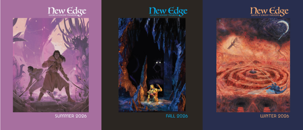 the three covers of the 2026 hardcover editions of NESS, featuring a pair of Mongols battling a giant monster, a barbarian wading through water in a cave with a monster's eyes gleaming in the background, and a snail knight trying to escape a strange cloudy malestrom