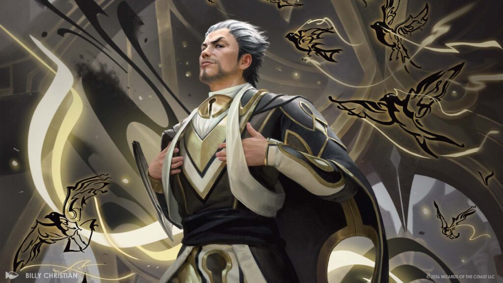 Ral Zarek (or is he) looking smug as he poses with his hands over chest, in a fashionable black, white and gold outfit, birdlike Inklings flying around him, a Silverquill building behind him